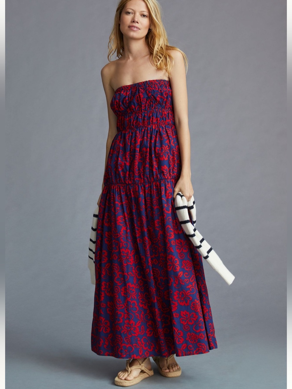 Anthropologie Sundry Floral Strapless Maxi Dress 100% Cotton Navy Red NWT Large
